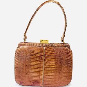 Vintage Palizzio Lizard Snake Skin Brown Leather Kiss Lock Clasp Coin Purse‎ Bag